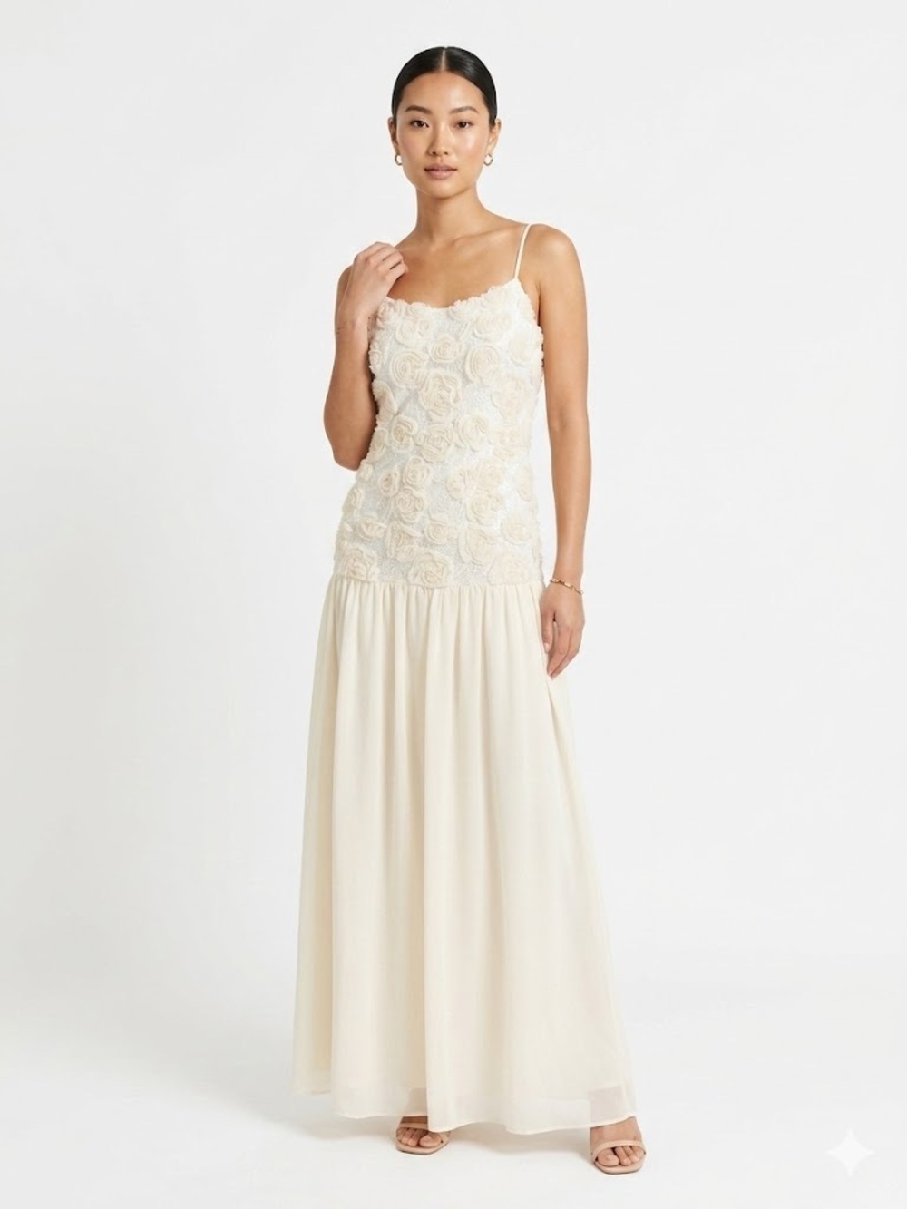 O.P.T NWT Floral Rosette Drop Waist Bridal Formal Maxi Dress Ivory Cream XL